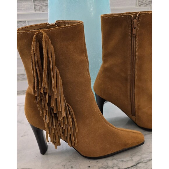 PREDICTIONS Lt Brown Suede Mid-Calf Fashion Western Cowboy Fringe Heel Boot 7 - Picture 5 of 9